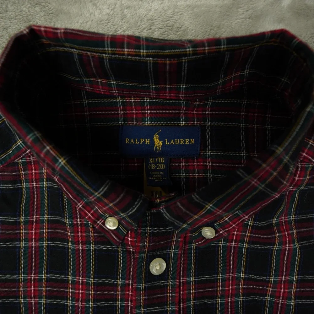 Ralph Lauren Boys XL 18-20 Button Up Shirt Black Red Plaid Preppy Holiday Logo